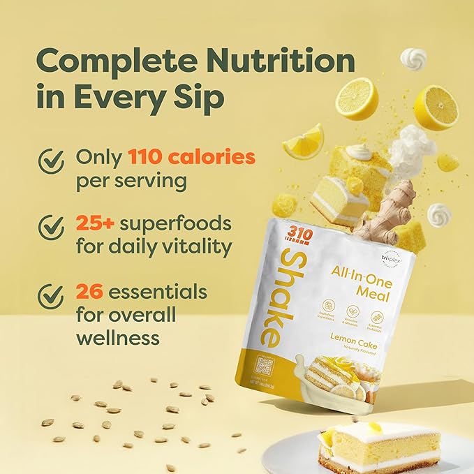 310 Nutrition All-In-One Meal Replacement Shake Powder - Plant-Based Protein Smoothie Blend w/ High Fiber, Probiotics & Adaptogens - Low Carb, Vegan, Keto & Paleo Friendly - Lemon Cake - 14 Servings