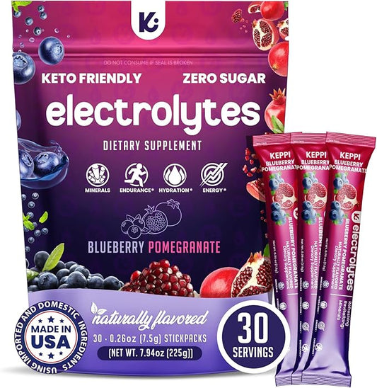 Keppi Electrolytes Powder Packets – Blueberry Pomegranate 30 Servings – No Sugar Hydration Supplement with Potassium, Magnesium, Sodium – Keto, Vegan, Fasting-Friendly, Zero Calorie Hydration Packets