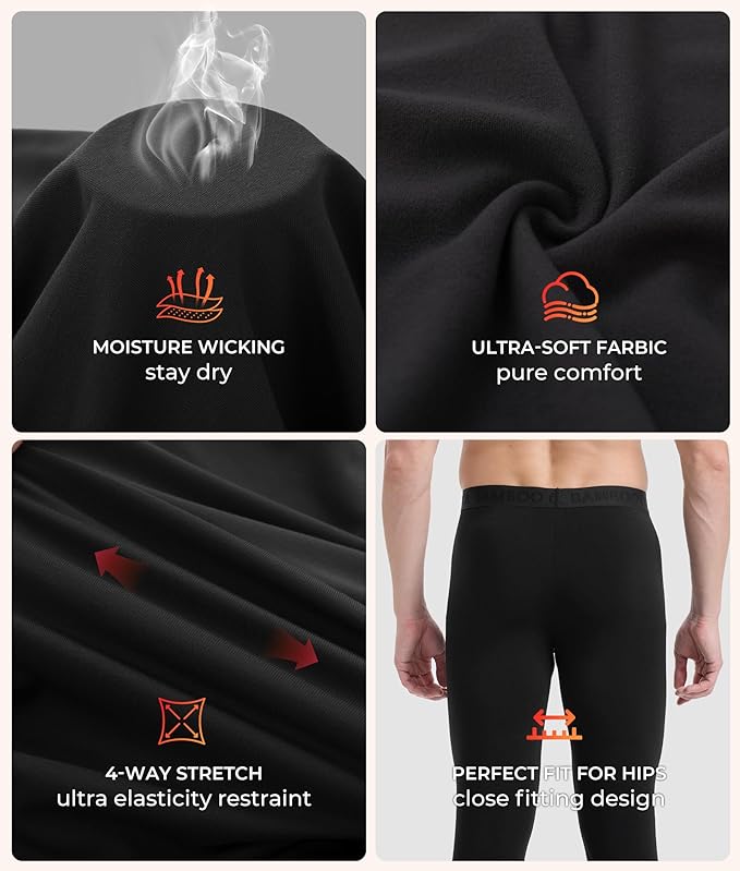 Men's Lightweight Thermal Underwear Bottoms Fleece Lined Long Johns for Men Base Layer Pants for Cold Weather