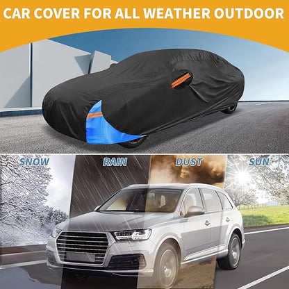 Waterproof All-Weather Universal Car Cover with Right Side Zipper, 210D-PU Black Blue Fits for Sedan 177" to 185" Length