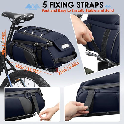 RAINSMORE Bike Bags for Bicycle Rear Rack 15L Waterproof Bike Ebike Trunk Pannier Saddle Bag with Rain Cover Bike Accessories Backpack Shoulder Bag for Commuter Travel Outdoor, Blue