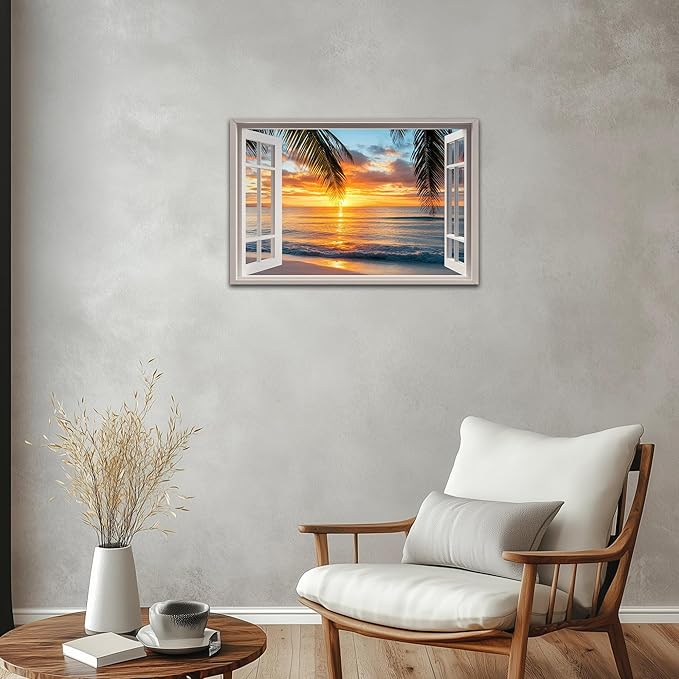 ANRUOXI Beach Picture Wall Art for Living Room, Ocean & Sunset Painting Decor for Bedroom, White Window Frame Style Sea Canvas Wall Decor, Summer Coastal Landscape Artwork for Home Office 18x24 Inch