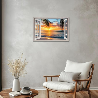 ANRUOXI Beach Picture Wall Art for Living Room, Ocean & Sunset Painting Decor for Bedroom, White Window Frame Style Sea Canvas Wall Decor, Summer Coastal Landscape Artwork for Home Office 18x24 Inch
