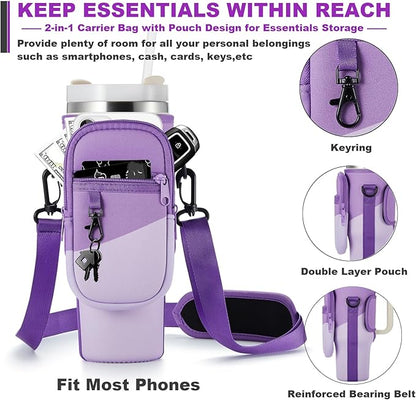 Water Bottle Carrier Bag with Phone Pocket for Stanley 40 & 30 oz Tumbler with Handle,Pink Insulated Neoprene Cup Holder Pouch w/Adjustable Strap for Quencher H2.0 Stanley Cup Accessories
