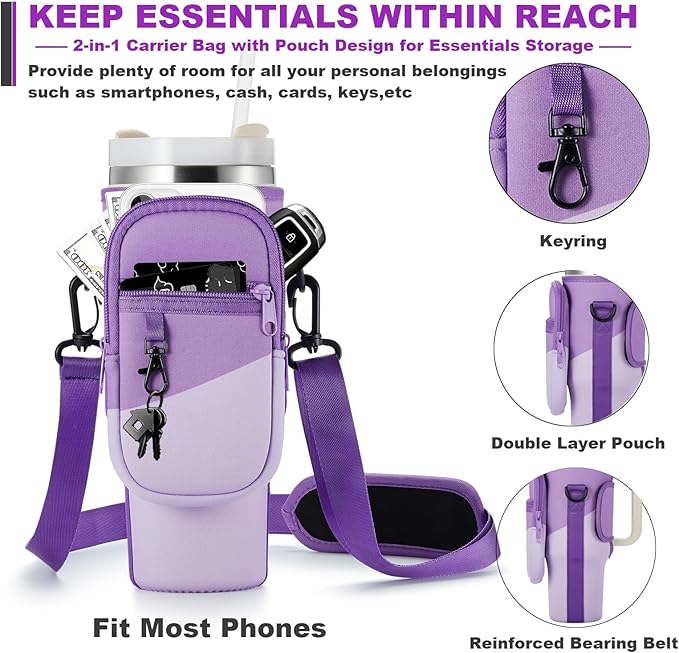 Water Bottle Carrier Bag with Phone Pocket for Stanley 40 & 30 oz Tumbler with Handle,Pink Insulated Neoprene Cup Holder Pouch w/Adjustable Strap for Quencher H2.0 Stanley Cup Accessories