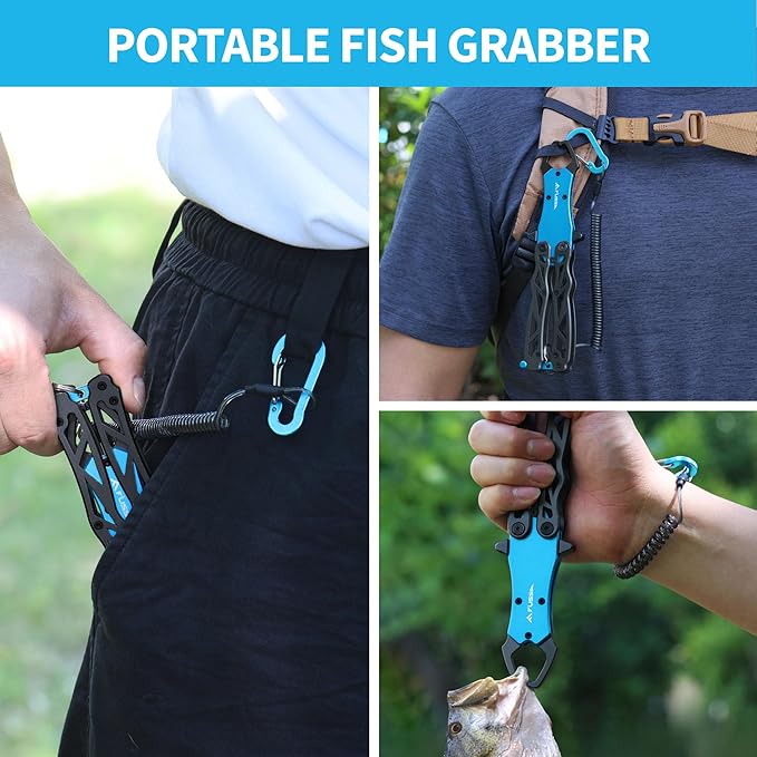 FLISSA Folding Fish Gripper with Lanyard, Lightweight Aluminum Fish Grabber, Portable Fish Lip Gripper Holder for Saltwater and Freshwater Fishing