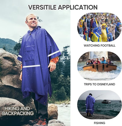 PTEROMY Hooded Rain Poncho for Adult with Pocket, Waterproof Lightweight Unisex Raincoat for Hiking Camping Emergency