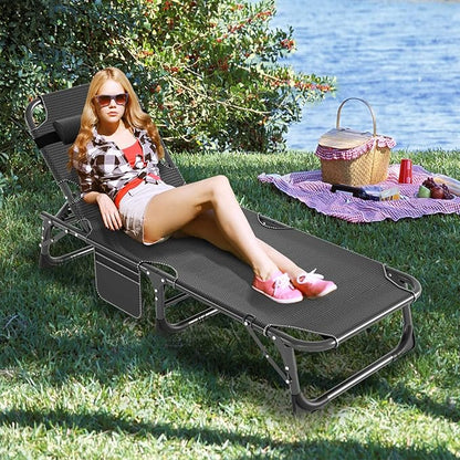 LILYPELLE Folding Outside Chaise Lounge Chair with Mattress, 5 Position Adjustable Patio Folding Lounge Chair Reclining Chairs Perfect for Outside, Sunbathing, Camping, Pool, Beach, Patio, Sand Gray