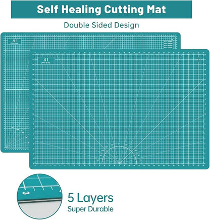 Rotary Cutter Set - Quilting Kit incl. 45mm Fabric Cutter, 5 Replacement Blades, A1 Cutting Mat, Acrylic Quilting Ruler and Sewing Clips, Craft Knife Set, Ideal for Crafting, Sewing, Patchworking