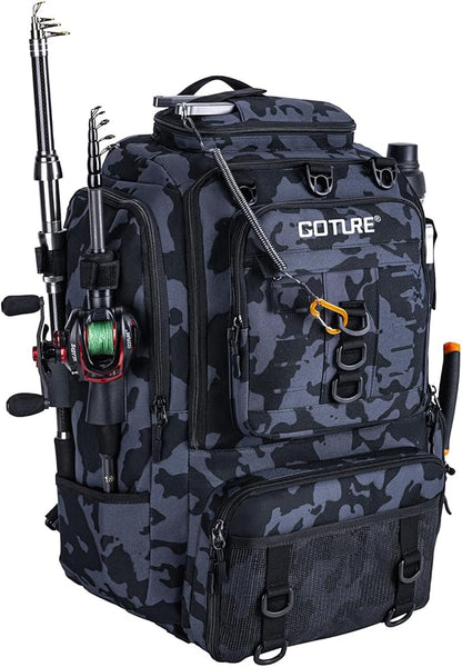 Goture 40L Fishing Tackle Backpack with Cooler and Removable Bait Binder, 900D Water-Resistant Tackle Backpack with 2 Rod Holders, Fishing Bag Storage Gear Tackle Bag with Rain Cover Camouflage