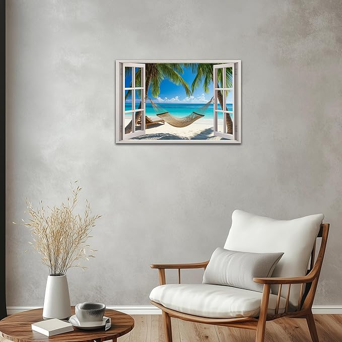 ANRUOXI Beach Wall Art, Blue Ocean Canvas Wall Decor, Beach Theme Window Frame Style Prints Blue Sea Painting, White Window Frame Style Seaside Nature Coastal Framed Artwork for Bathroom 18x24 Inch