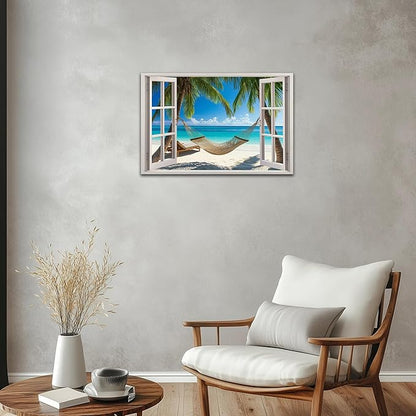 ANRUOXI Beach Wall Art, Blue Ocean Canvas Wall Decor, Beach Theme Window Frame Style Prints Blue Sea Painting, White Window Frame Style Seaside Nature Coastal Framed Artwork for Bathroom 18x24 Inch