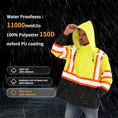 Reflective Rain jackets for men waterproof,Hi Vis Safety Coat With Reflective Strips，High Visibility Class 3 Rain jackets With 2 large pockets,Zipper,Lime,LG/XL