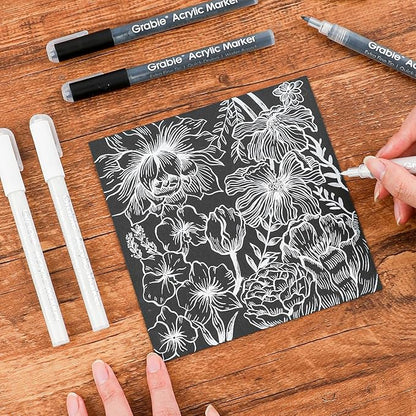 Grabie Black & White Extra Fine Tip Acrylic Paint Marker Set, 6 Pack, 0.7mm Acrylic Paint Pens for Highlights and Fine Details on Drawings, Rock Painting Glass Canvas Wood, White Highlight Markers