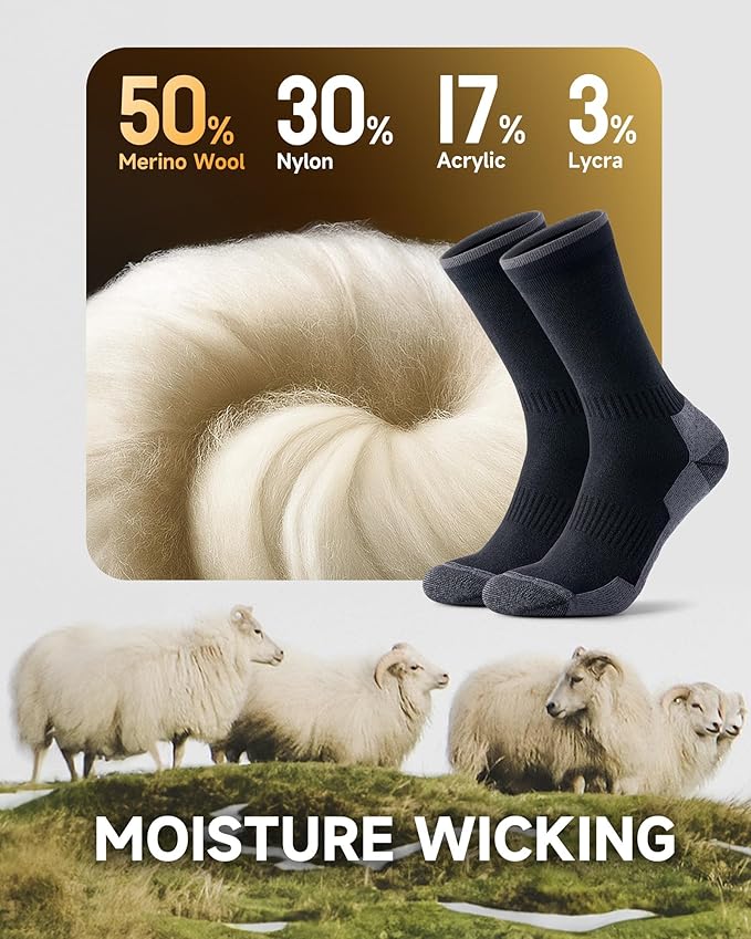 Merino Wool Hiking Crew Socks for Men Women, Thermal Warm Boot Sock Cushioned Anti-Blister, Breathable - 3 Pairs