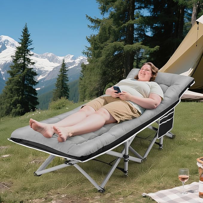 Portable Camping Cot, Sleeping Cots for Adults, 28" Extra Wide Folding Cot Max Load 600LBS with Thick Mattress, Portable Camping Bed for Outdoor Camp/Office, Home Nap (Black+Grey)