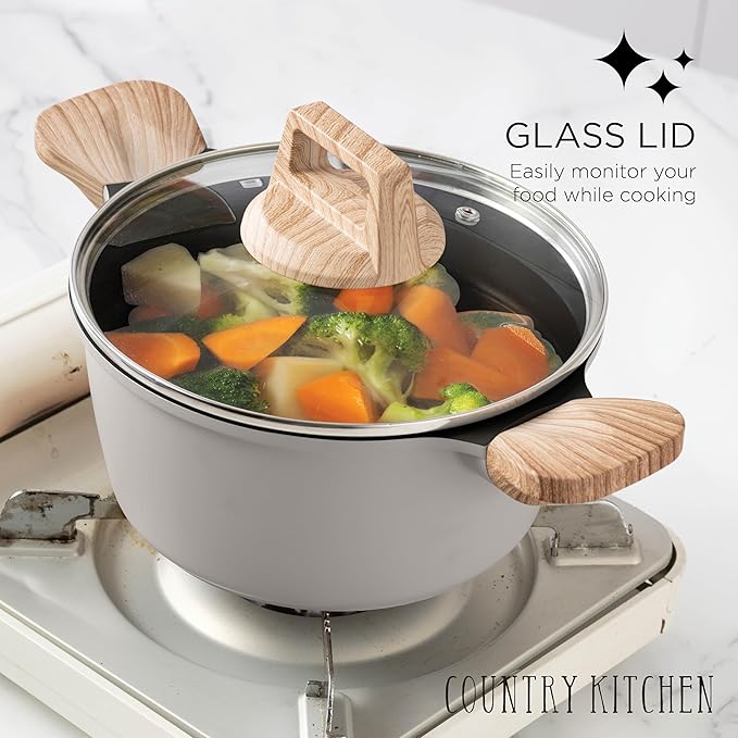 Country Kitchen Pots and Pans Set Nonstick, Cast Aluminum Kitchen Cookware Set with Utensils, 14 Pcs Non Stick Cooking Set w/Frying Pans & Saucepans, Grey