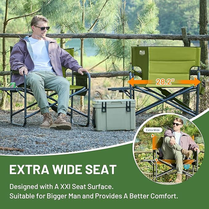 Timber Ridge XXL Director’s Chair – Heavy Duty Folding Chair with Side Table, 500 lb Capacity, Extra Wide Padded Seat for Camping, Sports, Beach, Patio, and Outdoor Use, Green