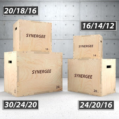 Synergee 3 in 1 Wood Plyometric Box for Jump Training and Conditioning. All in One Jump Trainer. Sizes 30/24/20, 24/20/16, 20/18/16, 16/14/12