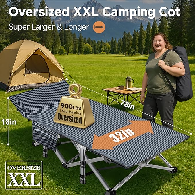 Slsy Oversized XXL Folding Camping Cot for Adults with Pad, Padded Portable Sleeping Cots, Camp Bed with Carry Bag for Outdoor Travel, Beach, Hiking