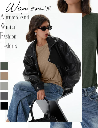 Huukeay 5 Pack Women's Crew Neck Long Sleeve Shirts, Cotton Blend Casual Clothes Workout Basic Layering Tee Tops Multipack