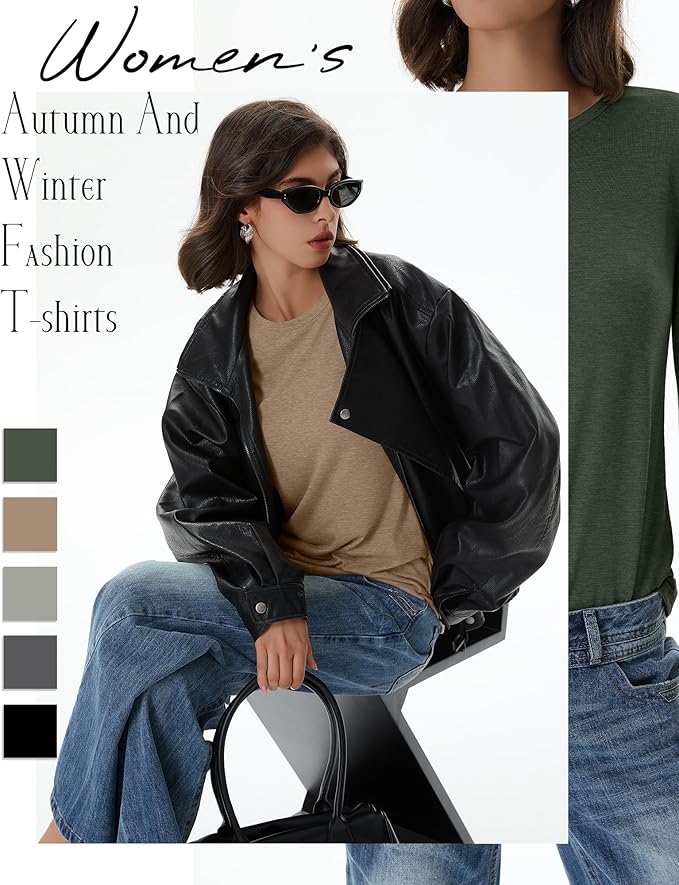 Huukeay 5 Pack Women's Crew Neck Long Sleeve Shirts, Cotton Blend Casual Clothes Workout Basic Layering Tee Tops Multipack