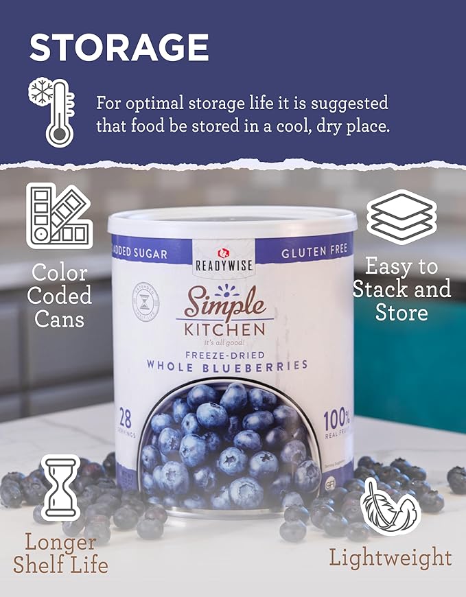 READYWISE - Simple Kitchen Freeze Dried Whole Blueberries, 28 Servings, Vegan, Gluten Free, Fruit Snacks, Emergency Supplies, Dehydrated Fruit, Blueberries