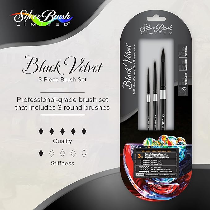 Silver Brush Limited WC-3205s Black Velvet Watercolor Beginning Round Set, Set of 3, Sizes 2, 6, and 10 Round Paintbrushes, Short Handle
