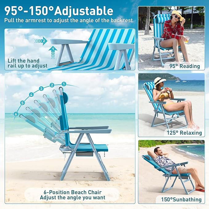 Suteck Backpack Beach Chairs for Adults 2 Pack, 6-Position Folding Reclining Chair with Cooler Bag & Cup Holder, Lightweight Portable Beach Chair for Camping, Outdoor, Sand, Travel Use