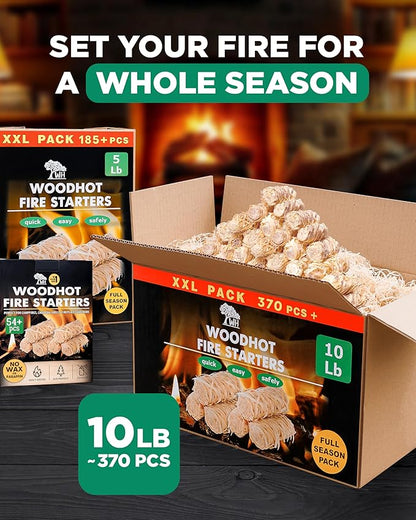 WH 370 pcs Natural Fire Starters for Indoor Fireplace - 10lb Large Box - Long-Burning Charcoal Starters - Odorless Firestarters for Wood Stove, Chimney, Campfires & Grill - Quick Ignite