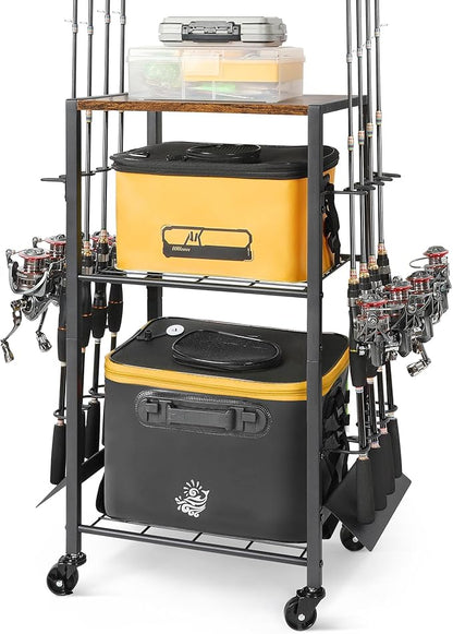 Olakee Fishing Rod Holder, Fishing Pole Holders for Garage Boat Home Entryway Fishing Gear Storage with Tackle Cart Ideal Gift for Men Dad Anglers Corner Design for Rods and Equipment Organizers