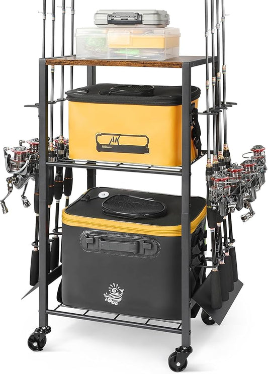 Olakee Fishing Rod Holder, Fishing Pole Holders for Garage Boat Home Entryway Fishing Gear Storage with Tackle Cart Ideal Gift for Men Dad Anglers Corner Design for Rods and Equipment Organizers