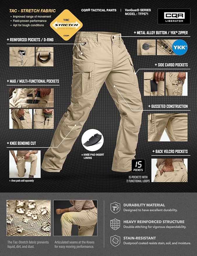 CQR Men's Flex Stretch Tactical Pants, Water Resistant Ripstop Cargo Pants, Lightweight EDC Outdoor Work Hiking Pants