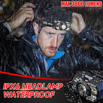 Headlamp Rechargeable 6Pack, 3000 Lumen Ultra-Light Bright Headlamp Flashlight with White Red Light, LED Headlight Motion Sensor, 5+5 Mode for Outdoor Camping Fishing Running Hiking (12)