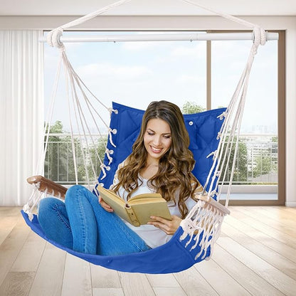 Hammock Chair Hanging Swing with Wooden Armrests;Steel Spreader Bar,Pillows,Hardware kit Included;Cotton Woven ;Up to 350 Lbs,for Indoor Outdoor Blue