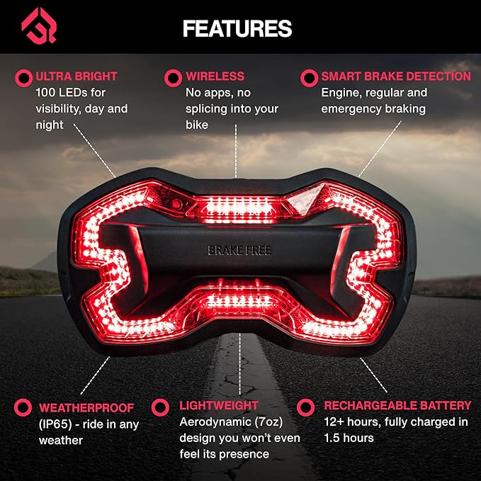 Brake Free Helmet Light - Smart Wireless Motorcycle Lights- Weatherproof LED Motorcycle Helmet Light - Lightweight & Aerodynamic Design - Smart Brake Detection - Single Button Operation - Black