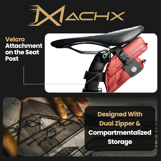 Lumiere & Co. Magnetic Quick-Release Bike Saddle Bag – Double Compartment, Low-Profile Brick Design, Designed with Fidlock's Magnetic Black V Buckle Attachment System, Mach X (Red)