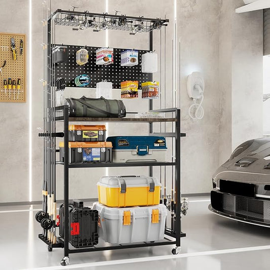 SOYEEZE Large Size Fishing Rod Holders for Garage, Heavy Duty 4-Tier Fishing Pole Rack Holds up to 12 Rods with Pegboard and Hooks, Fishing Gear Organizer, Fishing Storage Cart with Lockable Wheels