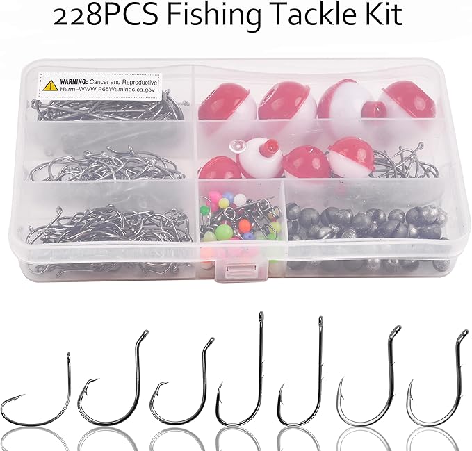 Fishing Hooks Bobbers Tackle Kit, 228pcs Freshwater Fishing Starter Kit Included Octopus Circle Hooks, Baitholder Hooks, Wide Gap Hooks, Bobbers, Sinker Weights for Bass Trout Panfish Catfish