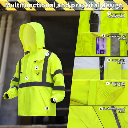 Rain Suits for Men Waterproof，Class 3 Hi Vis Rain Gear with Collapsible Hood， Breathable Safety Rain Jacket with Inner Mesh Lining and pocket，Reflective Waterproof Pants L/XL