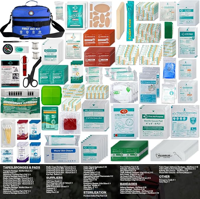 Professional 435 Pieces Large First Aid Kit - Includes Compressed Gauze - Compartments Emergency Medical Kit for Home, Camping, Backpacking, Travel, Boat, Car,Outdoors (Blue)