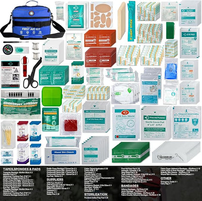 Professional 435 Pieces Large First Aid Kit - Includes Compressed Gauze - Compartments Emergency Medical Kit for Home, Camping, Backpacking, Travel, Boat, Car,Outdoors (Blue)