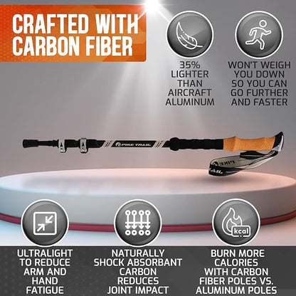 Pike Trail Trekking Poles - Lightweight Carbon Fiber Collapsible Sticks for Walking and Hiking - for Men and Women - Adjustable Height and Retractable Design - Carry Bag and Attachments Included
