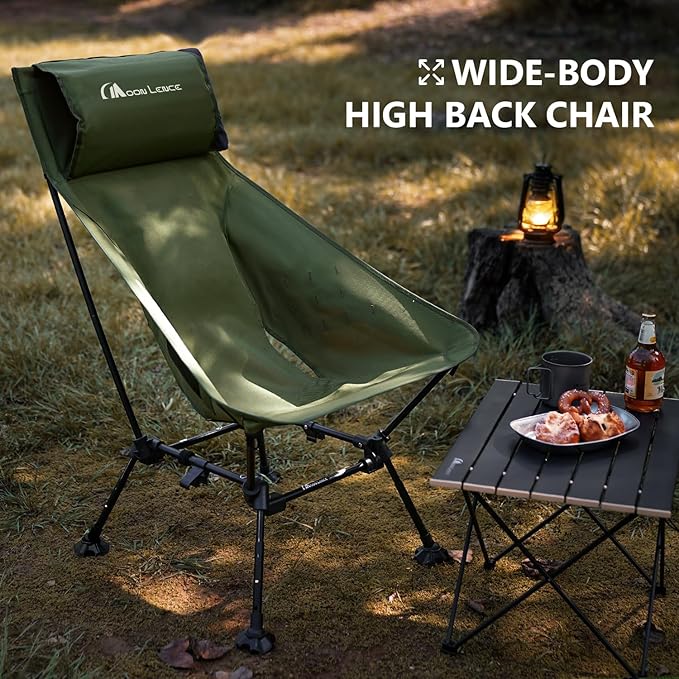 MOON LENCE Oversized Camping Chair for Adults, Height Adjustable High-Back Folding Camping Chair with 400 lbs Capacity, Hidden Pillow Pocket and Wide Seat for Camping, Hiking, Picnics, Green