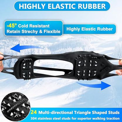 Ice Cleats for Shoes and Boots Walk Traction Crampons Anti Slip 24 Studs Ice Snow Grippers for Women Men Kids Winter Hiking Climbing Fishing Gear