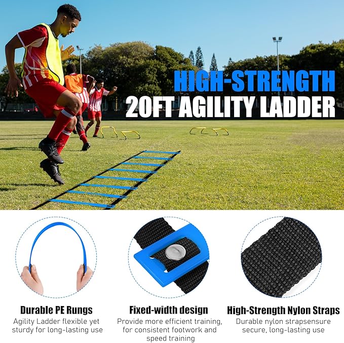 Agility Speed Training Equipment Set, Football Practise Set with 20ft Agility Ladder, 12 Cones, 4 Adjustable Hurdles, Jump Rope, Parachute, for Basketball, Soccer, Football, Kids, Youth, Adults