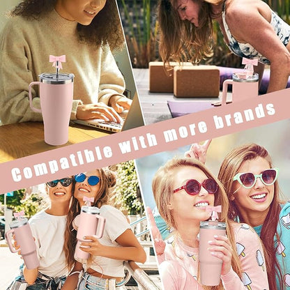 4Pcs Silicone Straw Toppers Covers for Stanley Cups 40/30oz 10mm(0.4in) Shiny Pink Dust-Proof Bow Straw Covers Toppers Suitbale for Stanley Cup Accessories Reusable Straws Caps