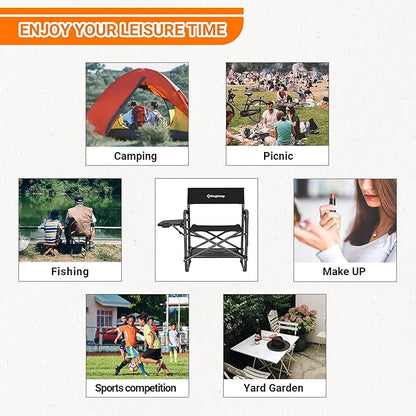 KingCamp Directors Chair with Side Table, Folding Camping Chairs for Adults with Storage Pockets, Breathable for Outside Camping, Lawn, Picnic, Beach & Fishing (Black)