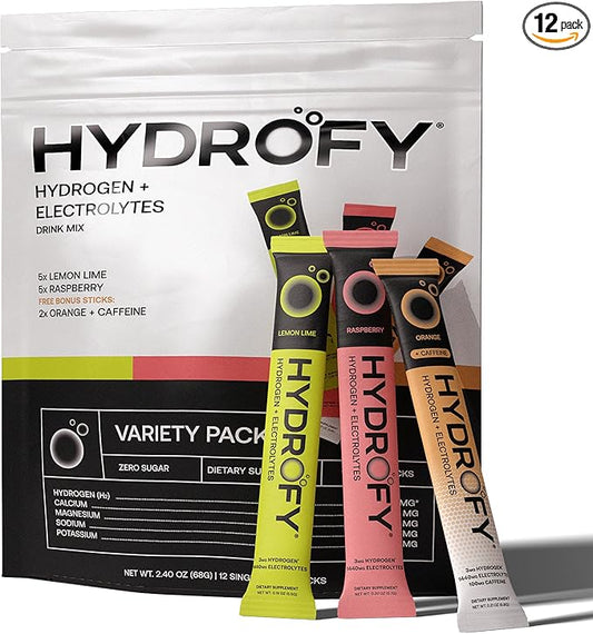 Hydrofy Hydrogen Water + Electrolytes Drink Mix - Variety Pack | H2 Hydration Packets with Molecular Hydrogen, Sodium, Potassium, Magnesium | Lemon Lime, Raspberry, Orange + Caffeine | 12 Count