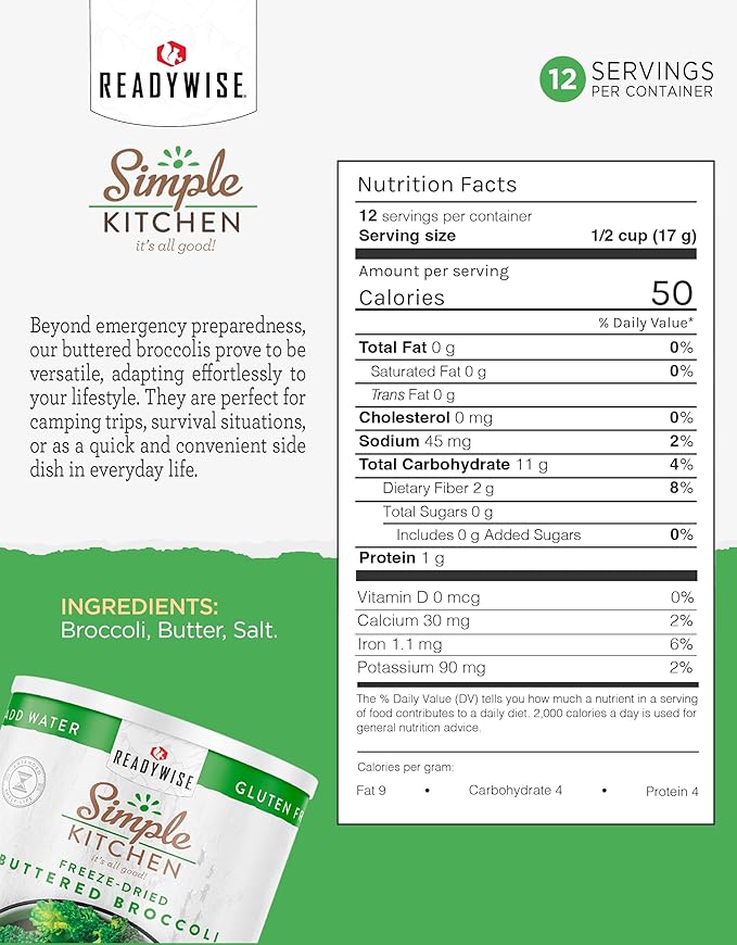 Simple Kitchen Freeze Dried Buttered Broccoli – 12 Servings for Family Meal Prep, Canned Broccoli, Gluten Free & Dehydrated Camping Meals, Emergency Survival Food for Backpacking & Hiking, #10 Can